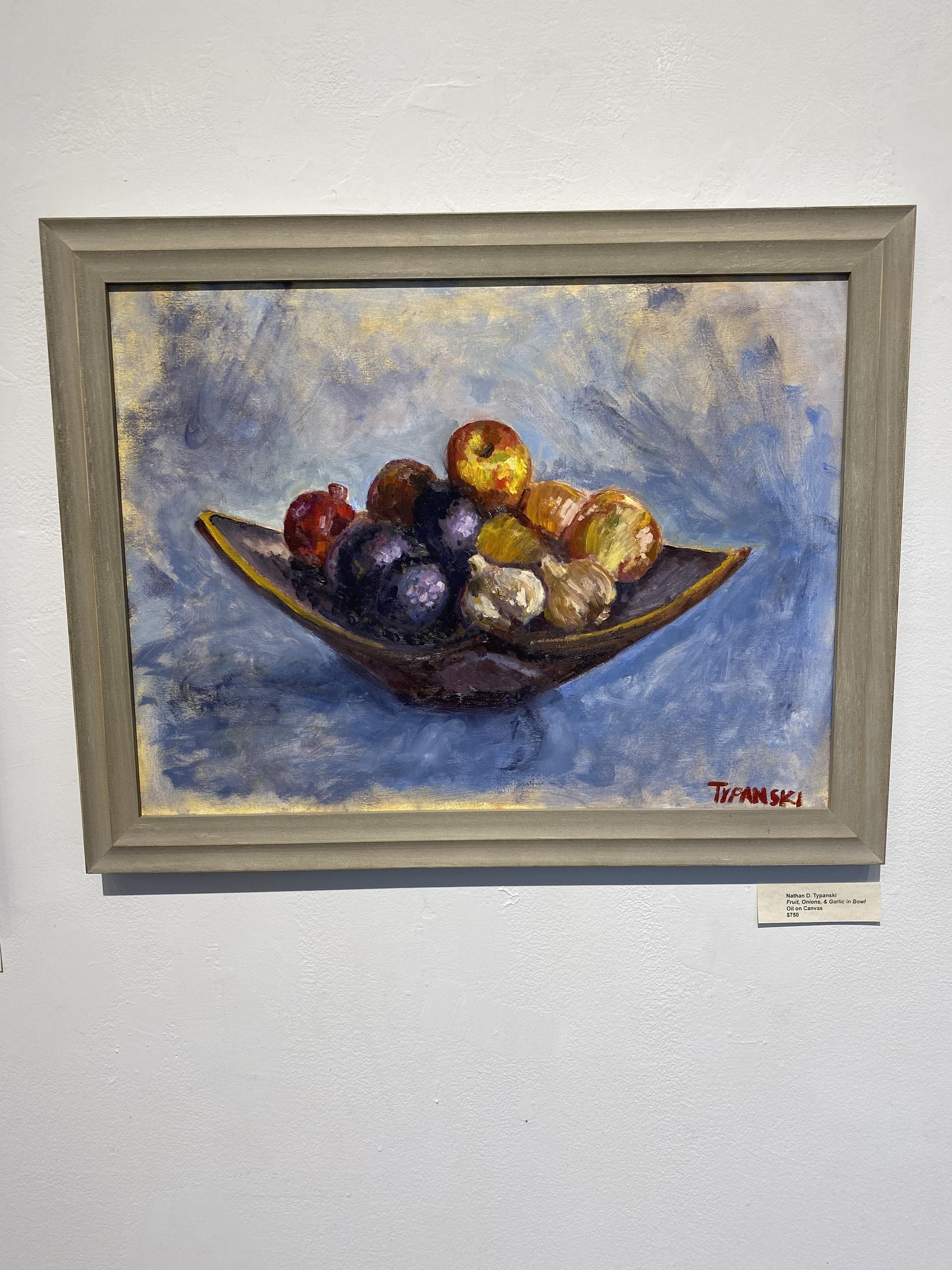 A painting by Nathan Typanski of Fruit, Onions, and Garlic in Bowl